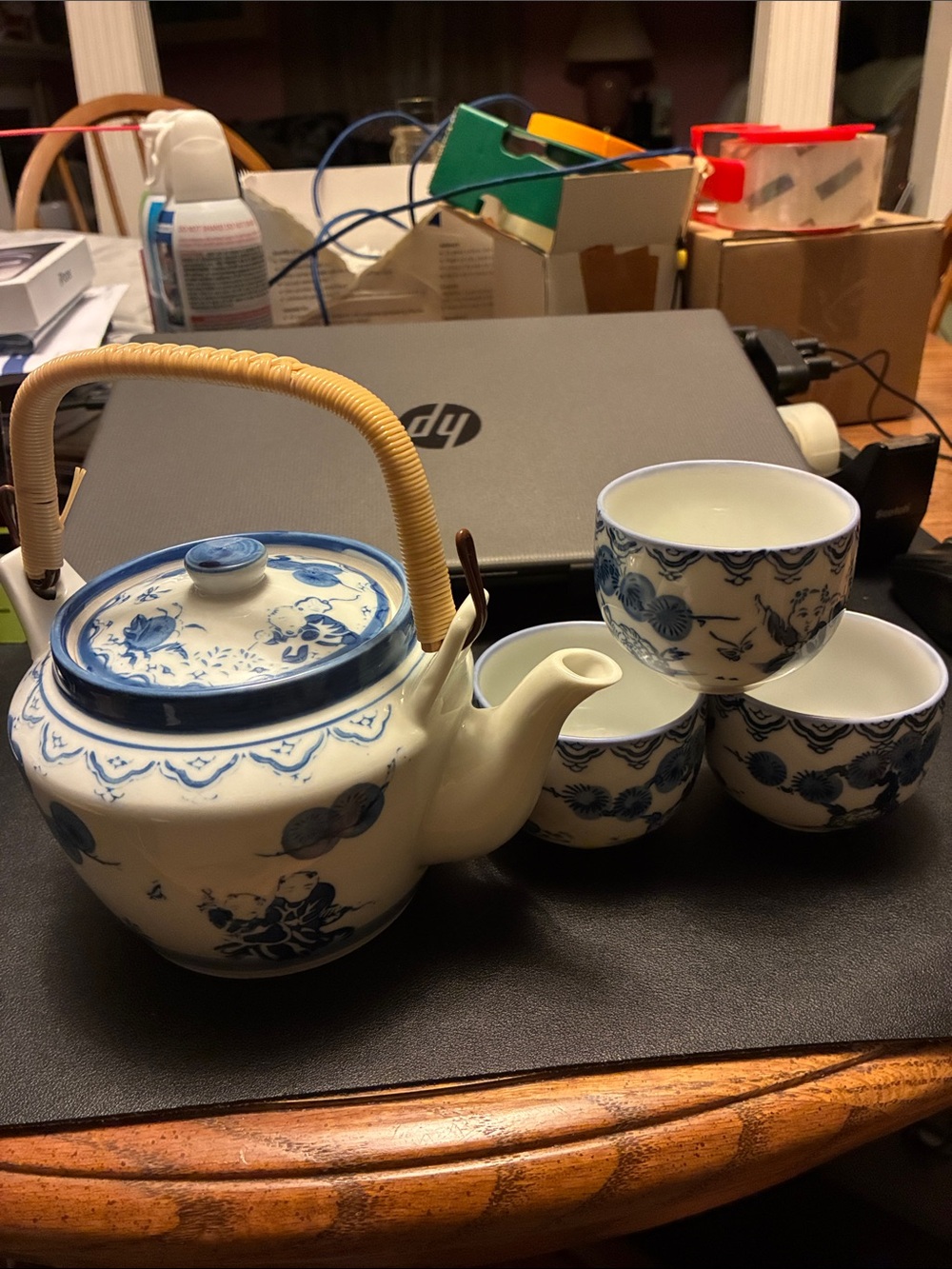 Arita - Authentic Japanese Porcelain Tea Set. White w/ Handpainted Cobalt Blue.